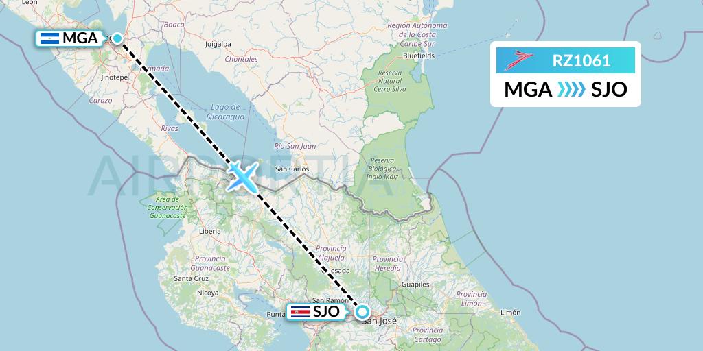 RZ1061 Sansa Airlines Flight Map: Managua to San Jose