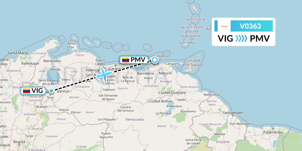 V0363 Conviasa Flight Map: El Vigia to Porlamar