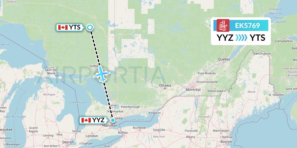 EK5769 Emirates Flight Map: Toronto to Timmins