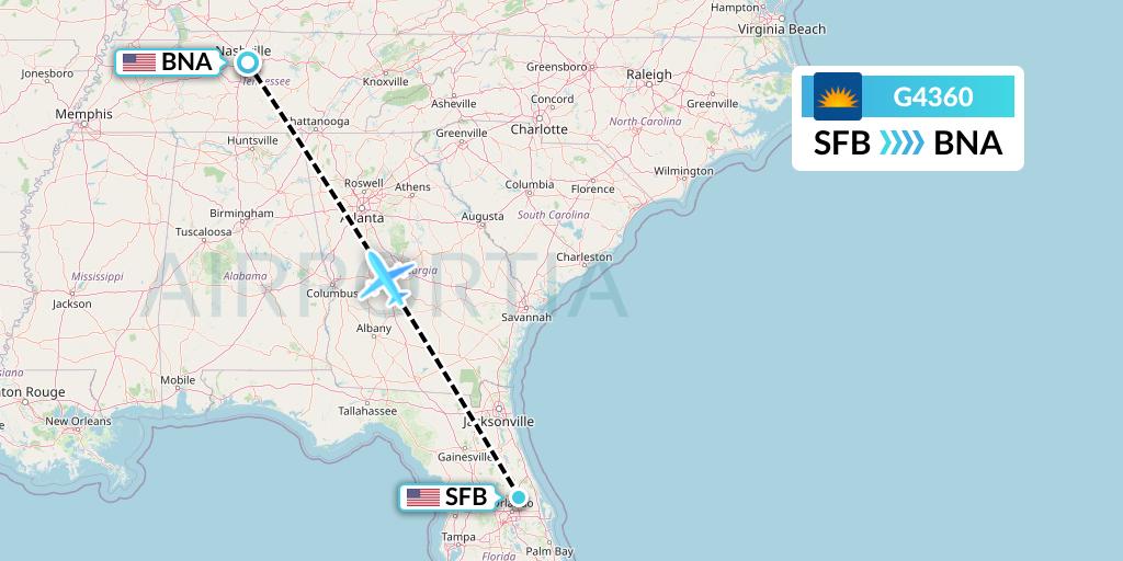 G4360 Allegiant Air Flight Map: Orlando to Nashville
