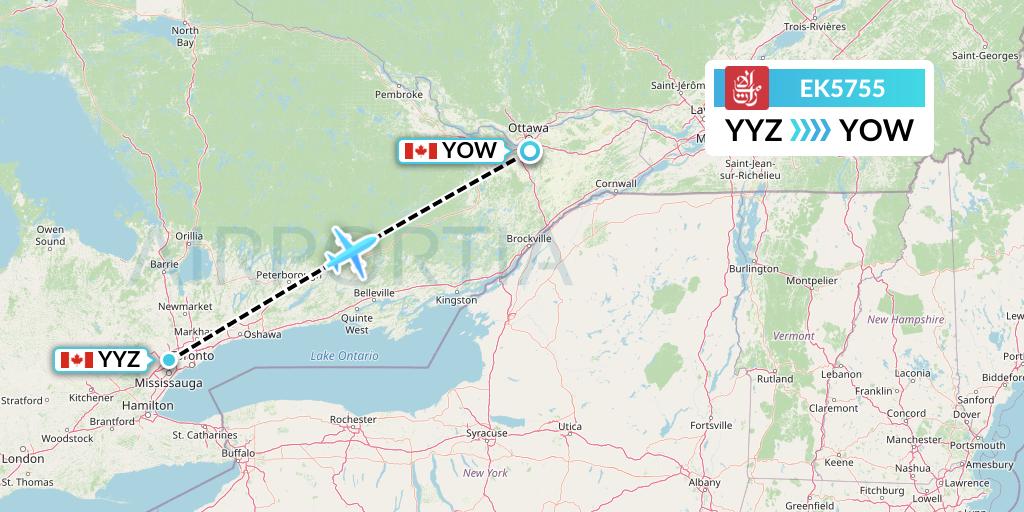 EK5755 Emirates Flight Map: Toronto to Ottawa