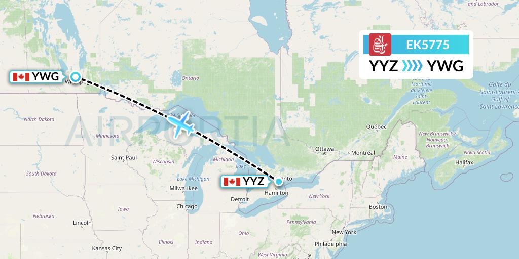 EK5775 Emirates Flight Map: Toronto to Winnipeg