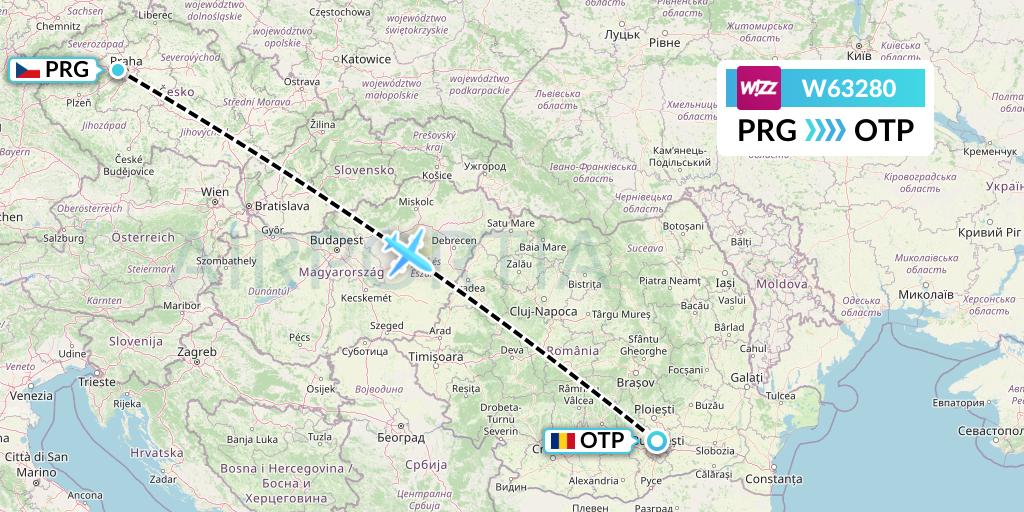 W63280 Wizz Air Flight Map: Prague to Bucharest