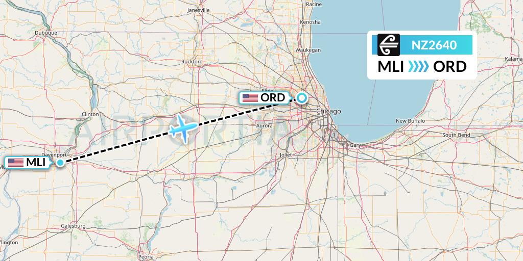 NZ2640 Air New Zealand Flight Map: Moline to Chicago