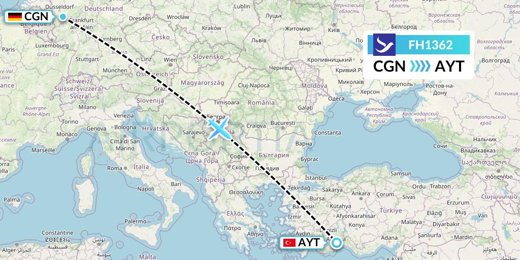 FH1362 Freebird Airlines Flight Map: Cologne to Antalya