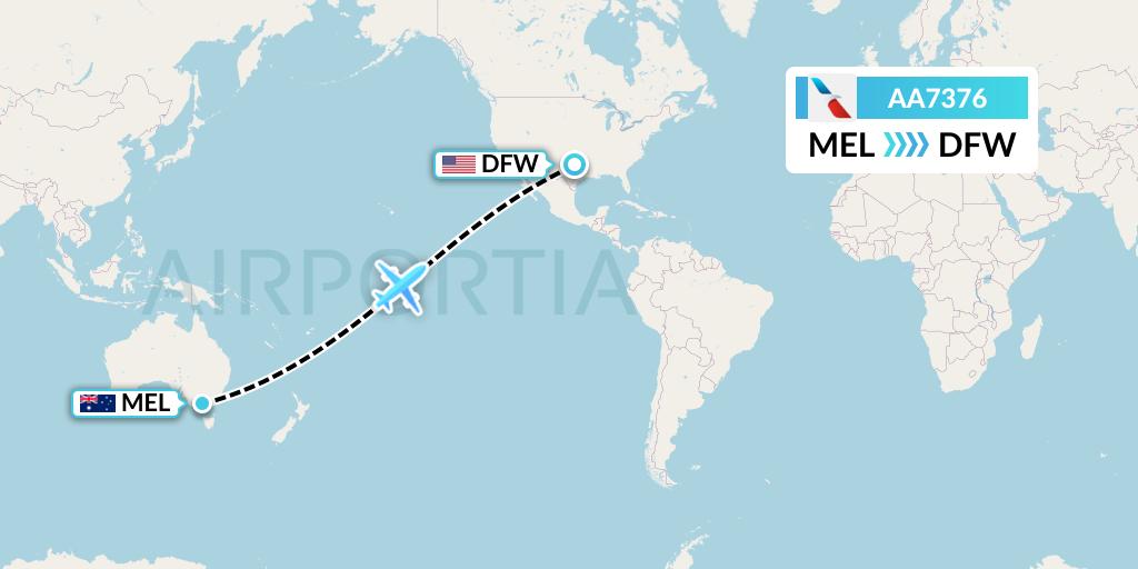 AA7376 American Airlines Flight Map: Melbourne to Dallas