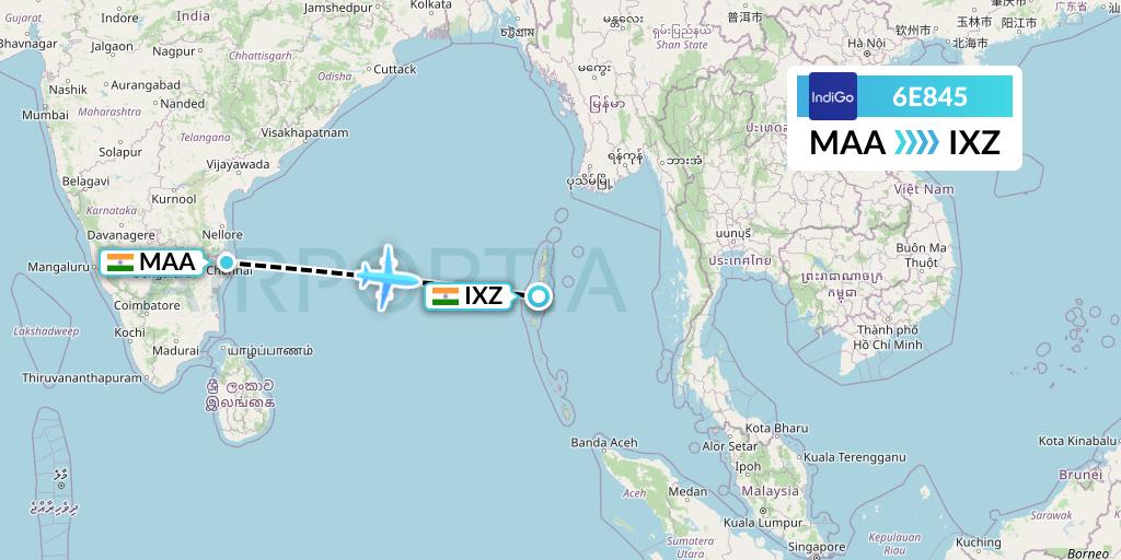 6E845 IndiGo Airlines Flight Map: Chennai to Port Blair
