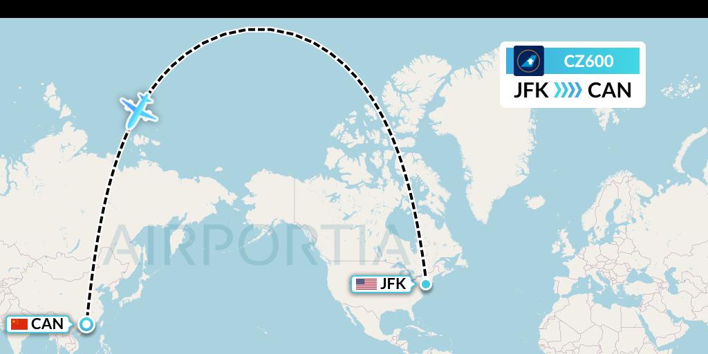 CZ600 China Southern Airlines Flight Map: New York to Guangzhou