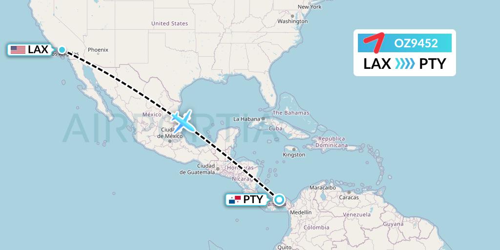 OZ9452 Asiana Airlines Flight Map: Los Angeles to Panama City