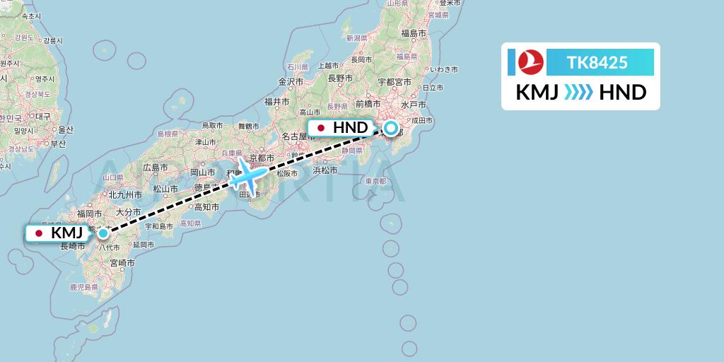 TK8425 Turkish Airlines Flight Map: Kumamoto to Tokyo