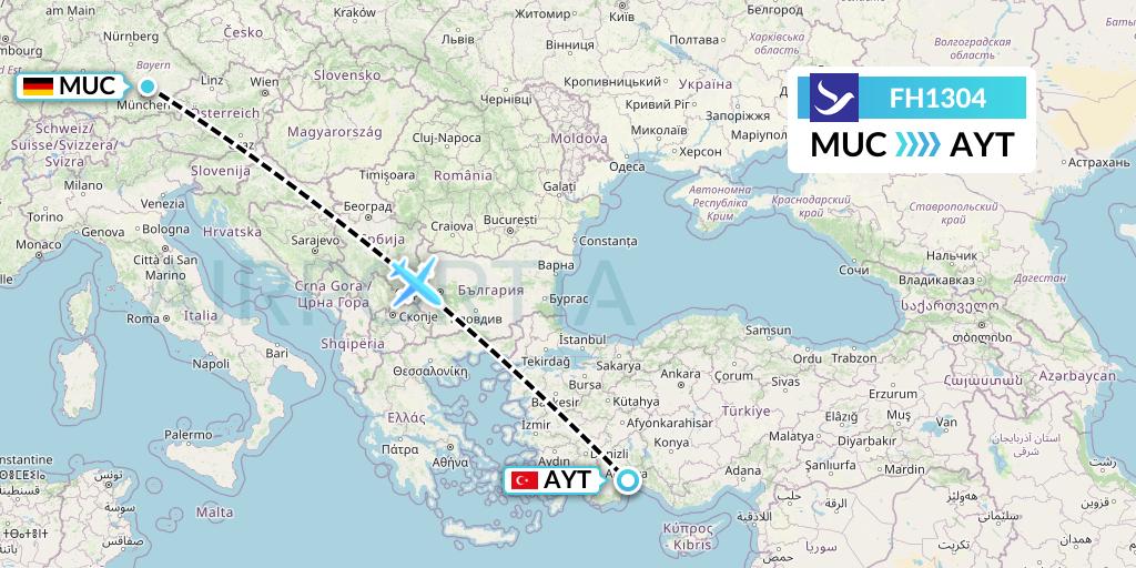 FH1304 Freebird Airlines Flight Map: Munich to Antalya