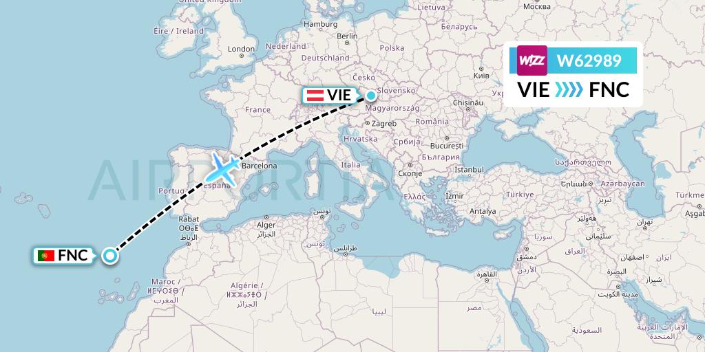 W62989 Wizz Air Flight Map: Vienna to Funchal