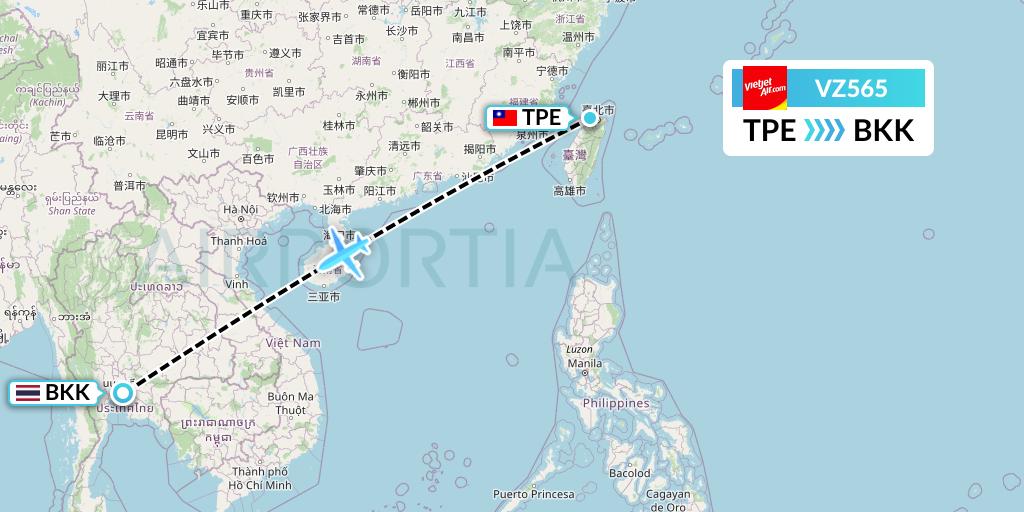 VZ565 Thai Vietjet Air Flight Map: Taipei to Bangkok