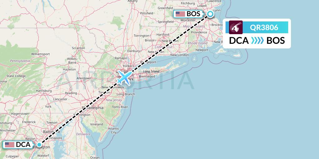 QR3806 Qatar Airways Flight Map: Washington to Boston