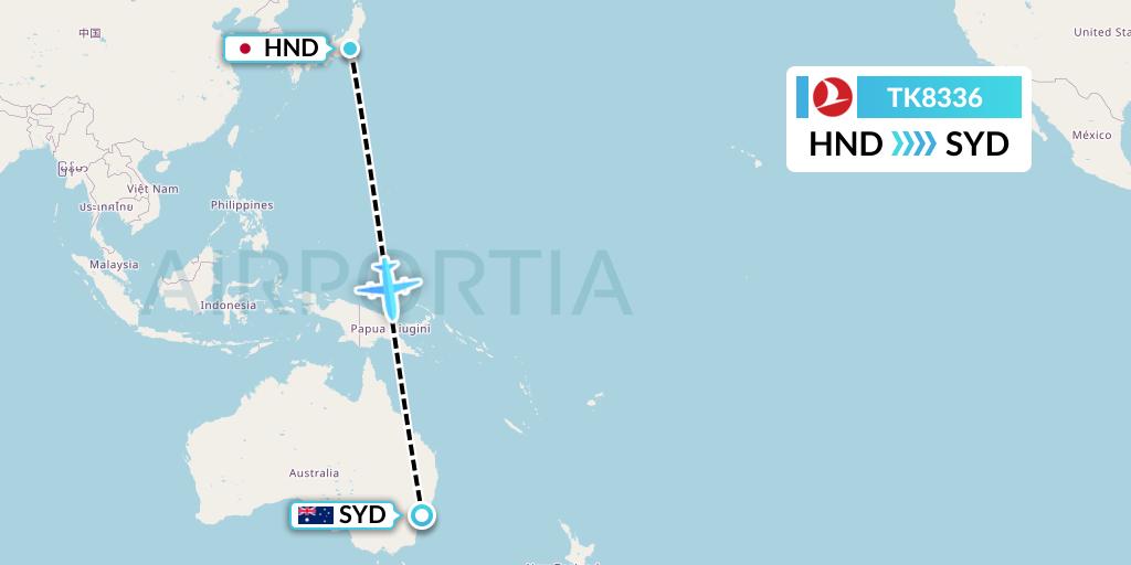 TK8336 Turkish Airlines Flight Map: Tokyo to Sydney