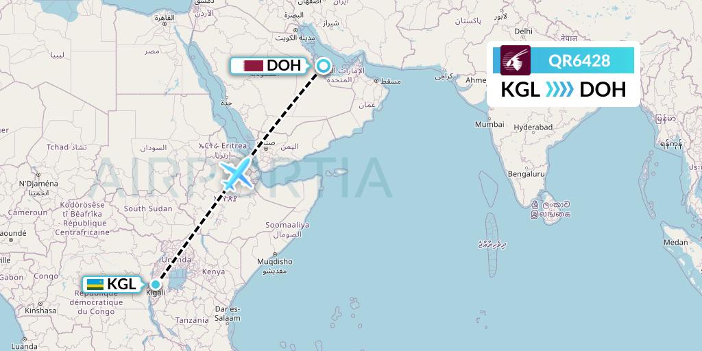 QR6428 Qatar Airways Flight Map: Kigali to Doha