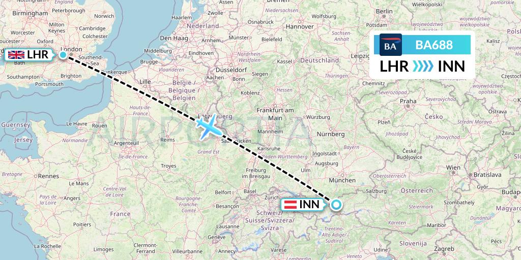 BA688 British Airways Flight Map: London to Innsbruck