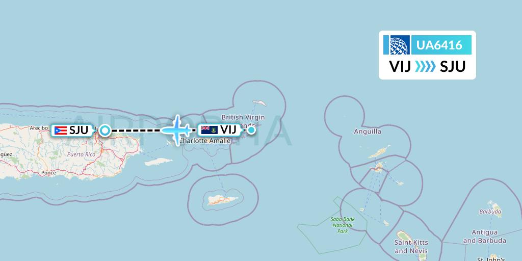 UA6416 United Airlines Flight Map: Virgin Gorda to San Juan