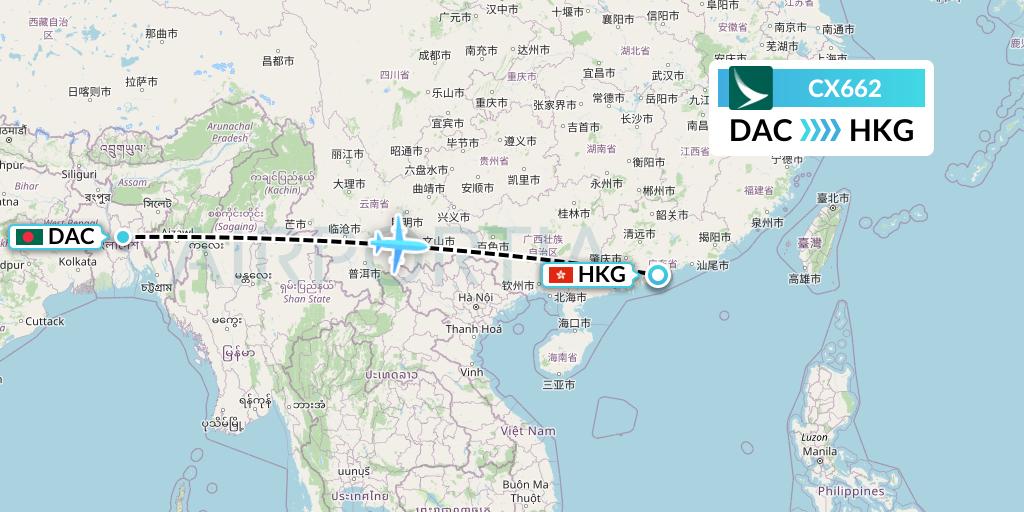 CX662 Cathay Pacific Flight Map: Dhaka to Hong Kong