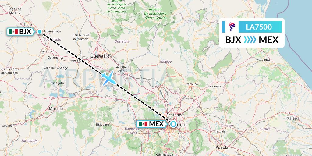 LA7500 LAN Airlines Flight Map: Silao to Mexico City