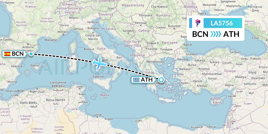 LA5756 LAN Airlines Flight Map: Barcelona to Athens