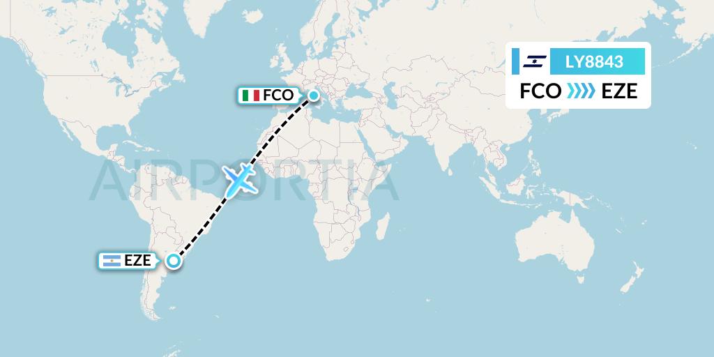 LY8843 El Al Flight Map: Rome to Buenos Aires