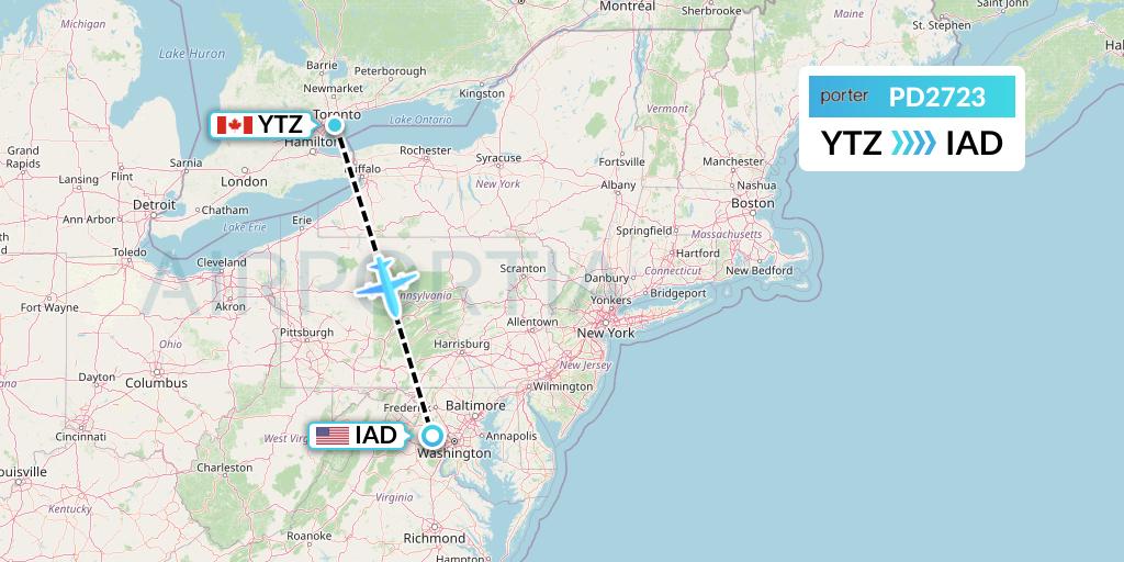 PD2723 Porter Airlines Flight Map: Toronto to Washington