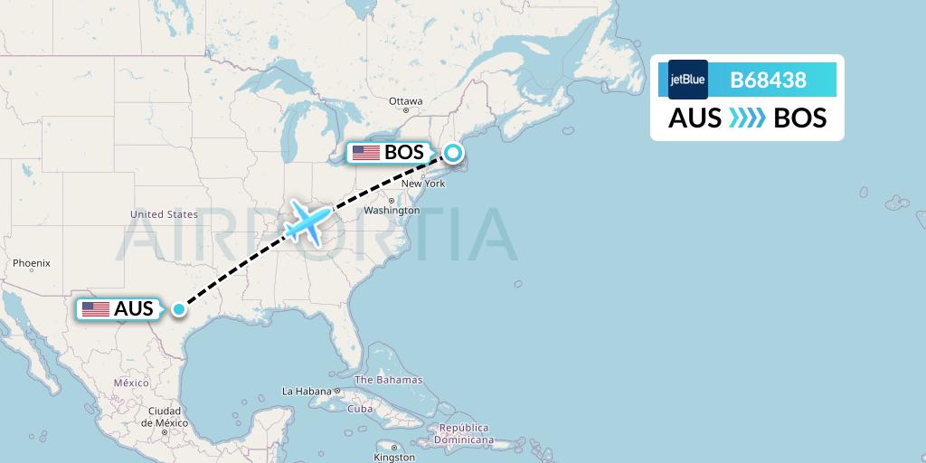 B68438 JetBlue Airways Flight Map: Austin to Boston