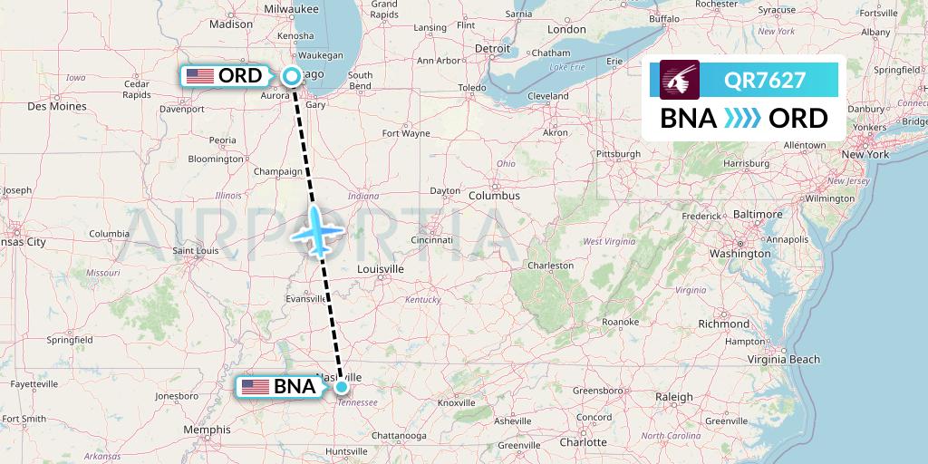 QR7627 Qatar Airways Flight Map: Nashville to Chicago