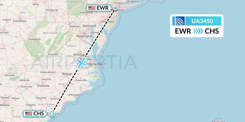 UA3450 United Airlines Flight Map: New York to Charleston