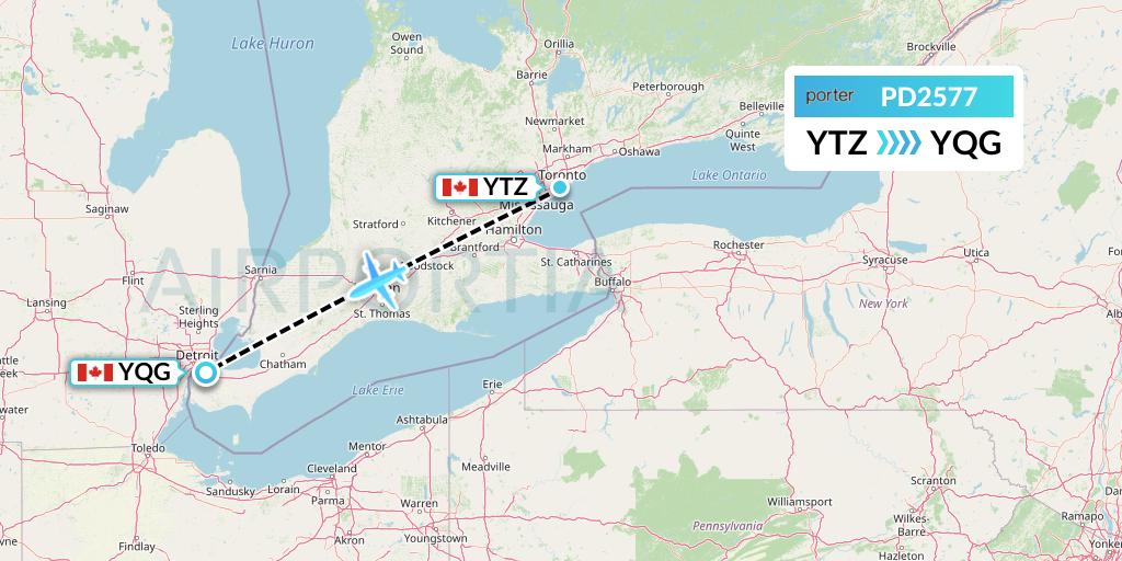 PD2577 Porter Airlines Flight Map: Toronto to Windsor