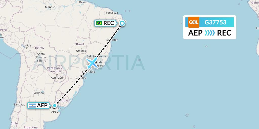 G37753 GOL Transportes Aeros Flight Map: Buenos Aires to Recife