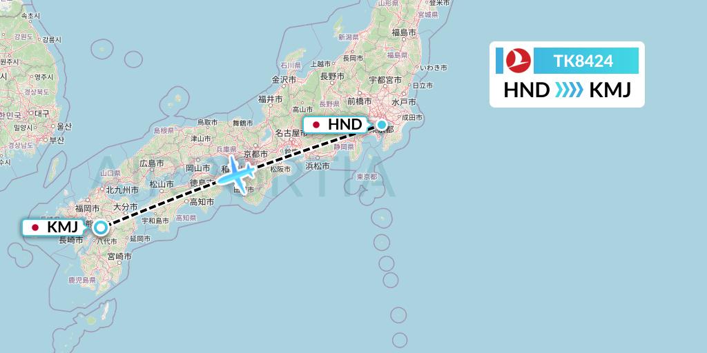 TK8424 Turkish Airlines Flight Map: Tokyo to Kumamoto