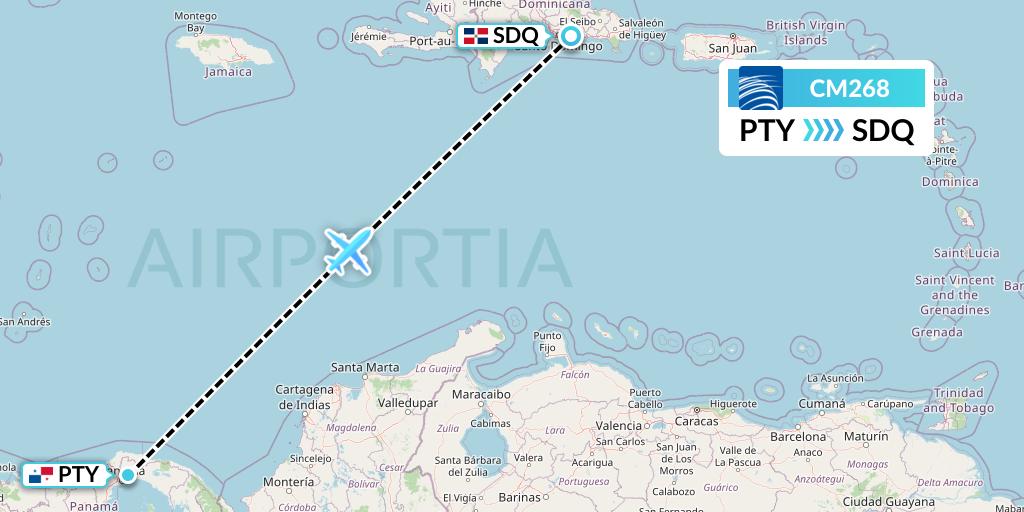 CM268 Copa Airlines Flight Map: Panama City to Santo Domingo