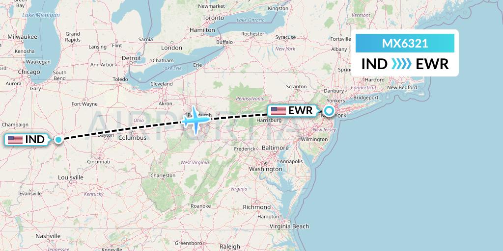 MX6321 Breeze Airways Flight Map: Indianapolis to New York