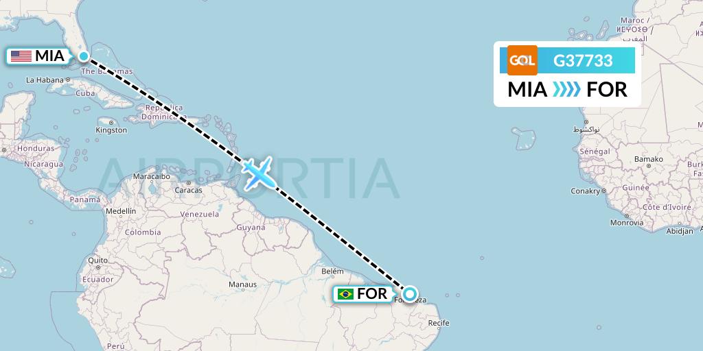 G37733 GOL Transportes Aeros Flight Map: Miami to Fortaleza