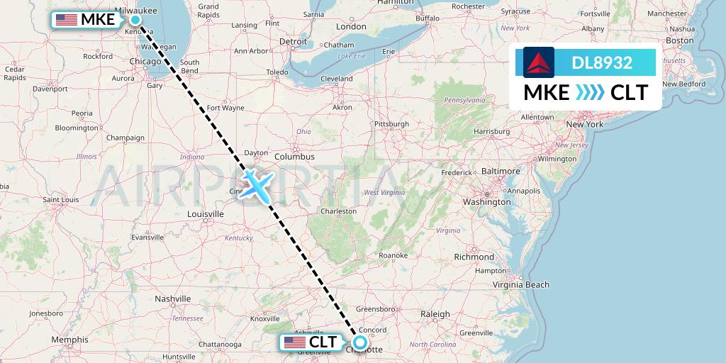 DL8932 Delta Air Lines Flight Map: Milwaukee to Charlotte