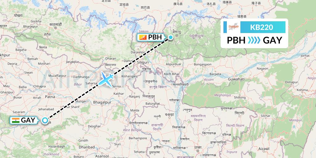 KB220 Druk Air Flight Map: Paro to Gaya