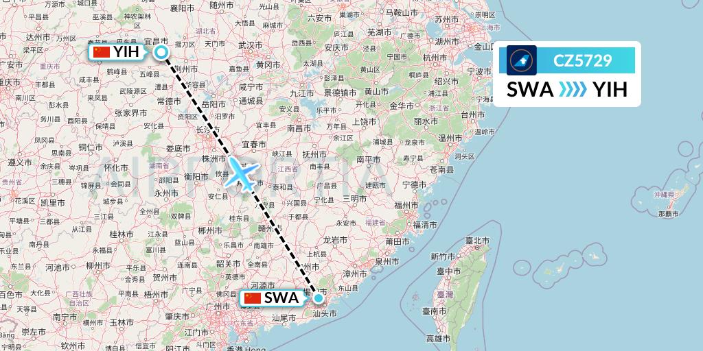 CZ5729 China Southern Airlines Flight Map: Jieyang to Yichang