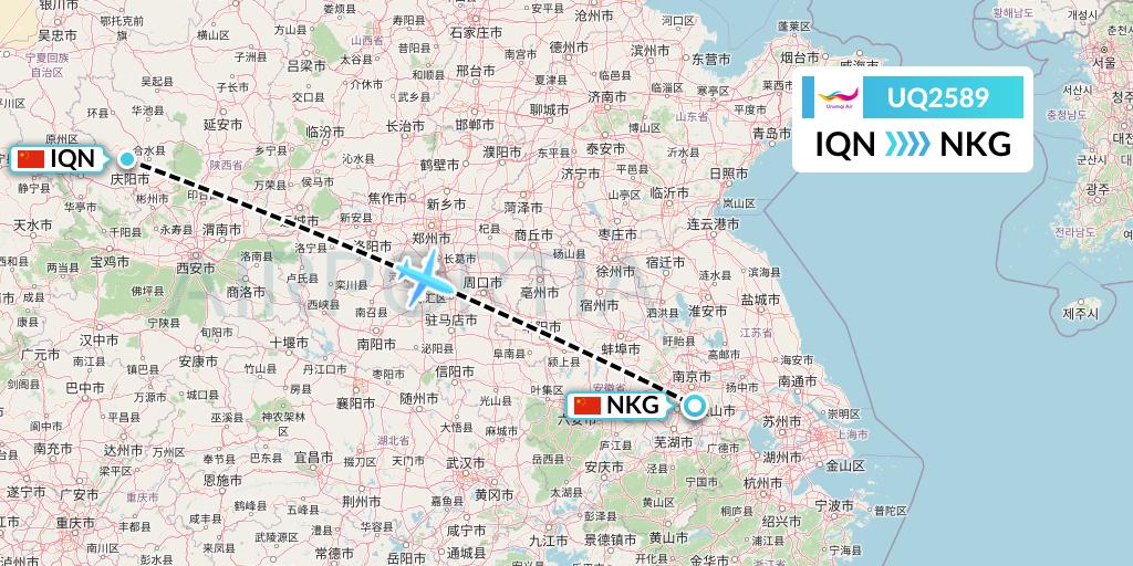 UQ2589 Urumqi Airlines Flight Map: Qingyang to Nanjing