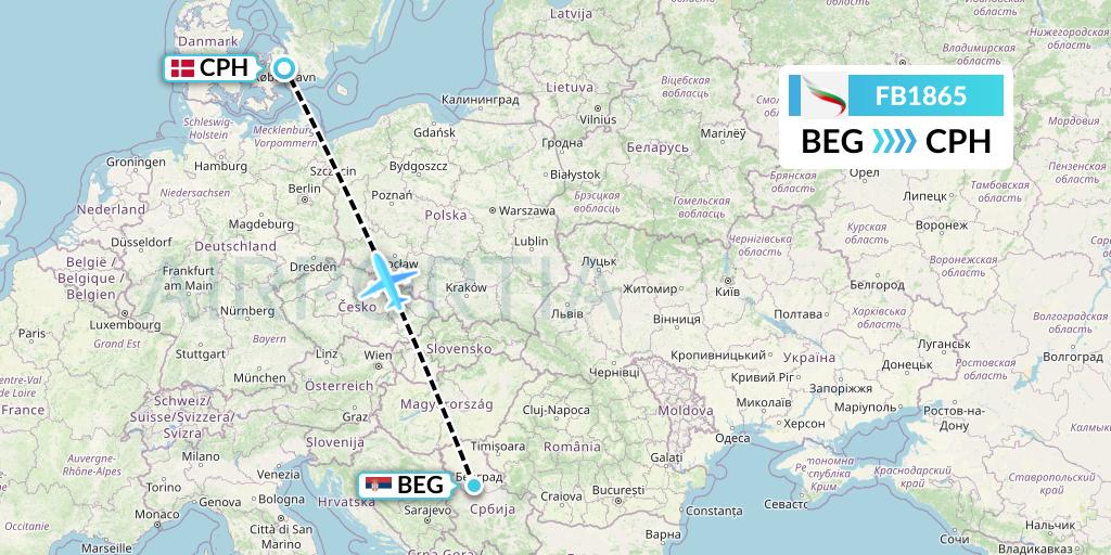 FB1865 Bulgaria Air Flight Map: Belgrade to Copenhagen