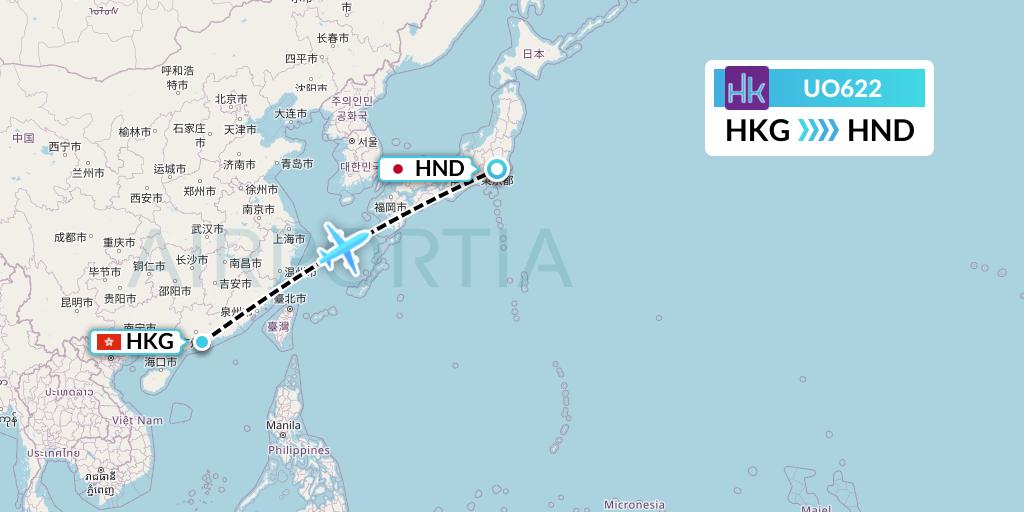 UO622 Hong Kong Express Flight Map: Hong Kong to Tokyo