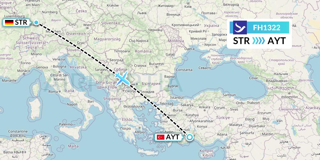 FH1322 Freebird Airlines Flight Map: Stuttgart to Antalya