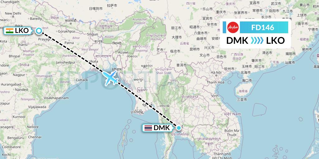 FD146 Thai AirAsia Flight Map: Bangkok to Lucknow