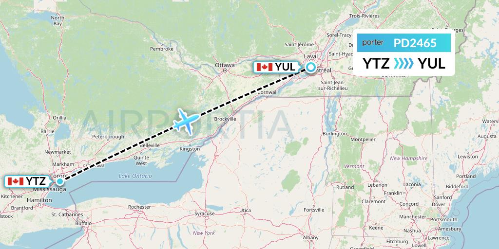 PD2465 Porter Airlines Flight Map: Toronto to Montreal