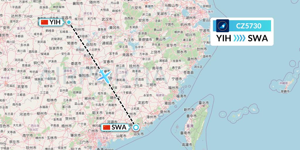 CZ5730 China Southern Airlines Flight Map: Yichang to Jieyang