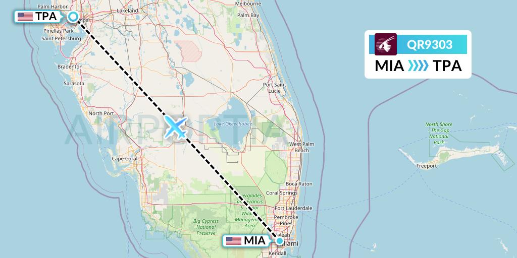 QR9303 Qatar Airways Flight Map: Miami to Tampa