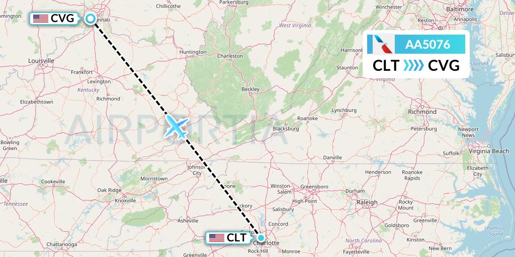 AA5076 American Airlines Flight Map: Charlotte to Cincinnati