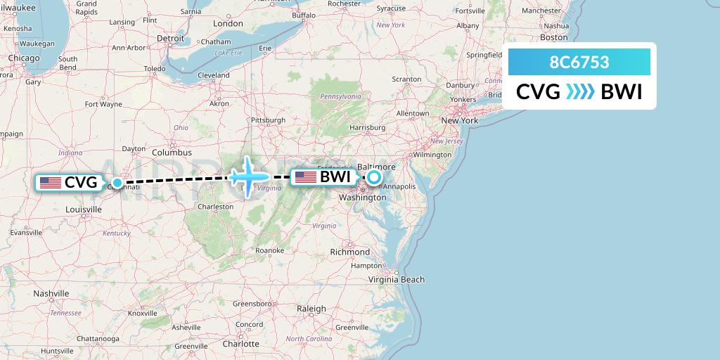 8C6753 Air Transport International Flight Map: Cincinnati to Baltimore