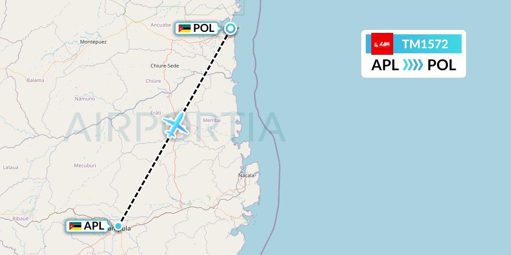 TM1572 LAM Mozambique Airlines Flight Map: Nampula to Pemba